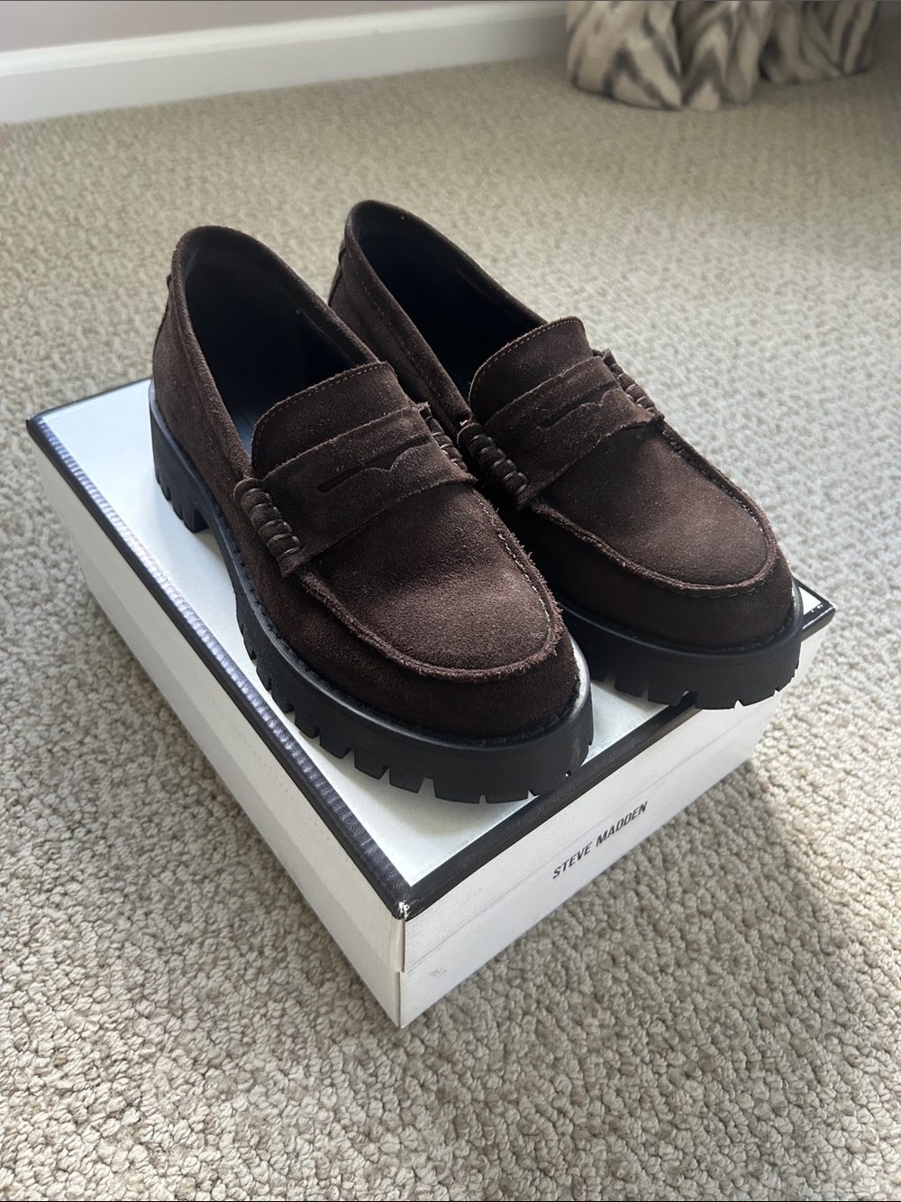 Steve Madden Dark Brown Suede Lug-Sole Penny Loafers